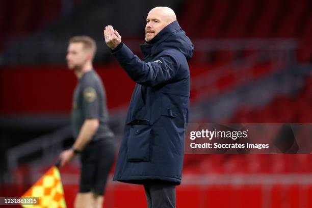 Coach Erik ten Hag of Ajax during the Dutch Eredivisie match between Ajax v ADO Den Haag at the Johan Cruijff Arena on March 21, 2021 in Amsterdam...