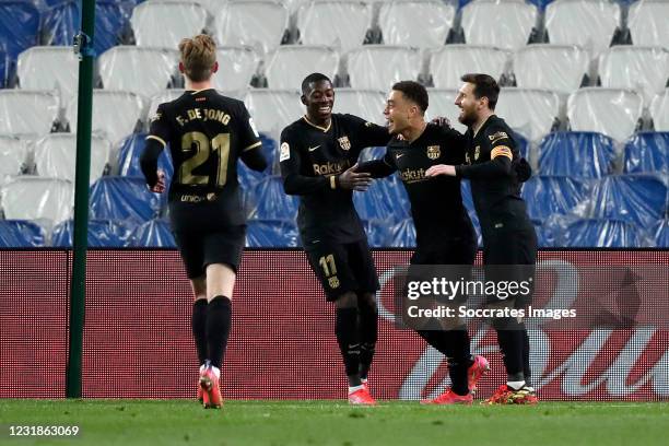 Sergino Dest of FC Barcelona celebrates 0-3 with Ousmane Dembele of FC Barcelona, Lionel Messi of FC Barcelona, Frenkie de Jong of FC Barcelona...