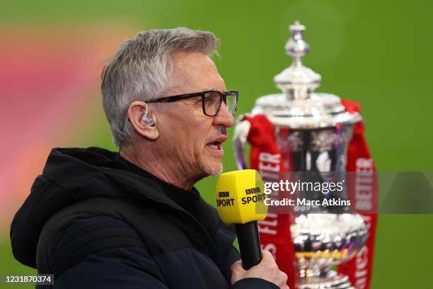 Match of the Day host Gary Lineker looks on during the Emirates FA Cup Quarter Final match between Leicester City and Manchester United at The King...