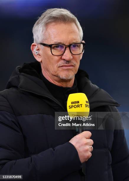 Match of the Day host Gary Lineker looks on during the Emirates FA Cup Quarter Final match between Leicester City and Manchester United at The King...