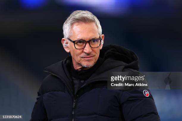 Match of the Day host Gary Lineker looks on during the Emirates FA Cup Quarter Final match between Leicester City and Manchester United at The King...