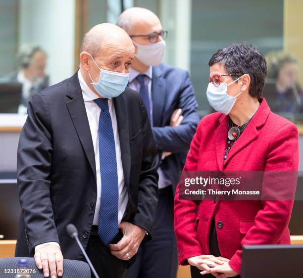 French Minister of Europe and Foreign Affairs Jean-Yves Le Drian is talking with the Spanish Minister of Foreign Affairs, European Union and...