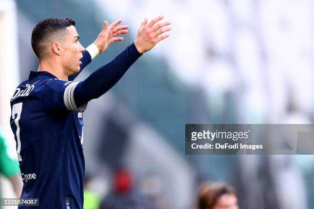 Cristiano Ronaldo of Juventus FC gestures during the Serie A match between Juventus and Benevento Calcio at Allianz Stadium on March 21, 2021 in...