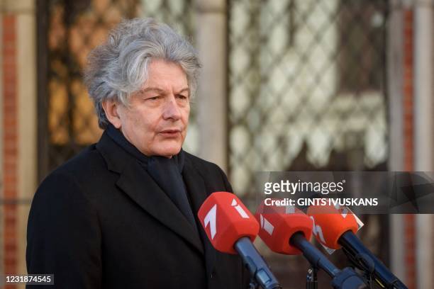 European Commissioner for Internal Market, Thierry Breton speaks during a press briefing after a meeting with Latvia's Minister for Economics, Janis...