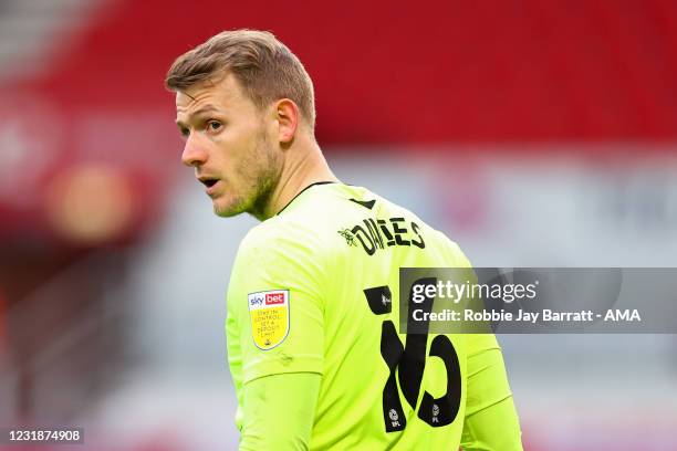 Adam Davies of Stoke City during the Sky Bet Championship match between Stoke City and Derby County at Bet365 Stadium on March 20, 2021 in Stoke on...