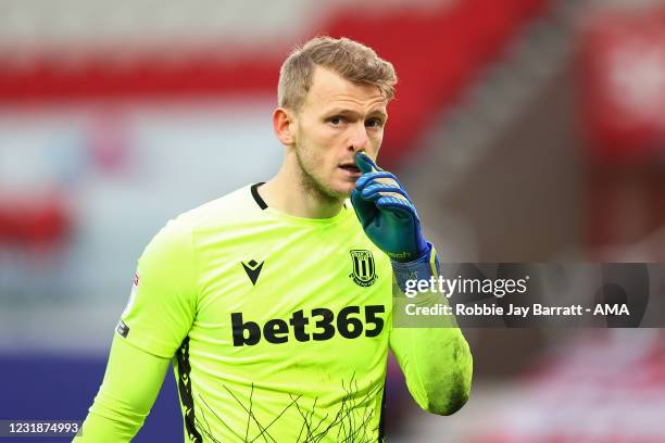 Adam Davies of Stoke City during the Sky Bet Championship match between Stoke City and Derby County at Bet365 Stadium on March 20, 2021 in Stoke on...