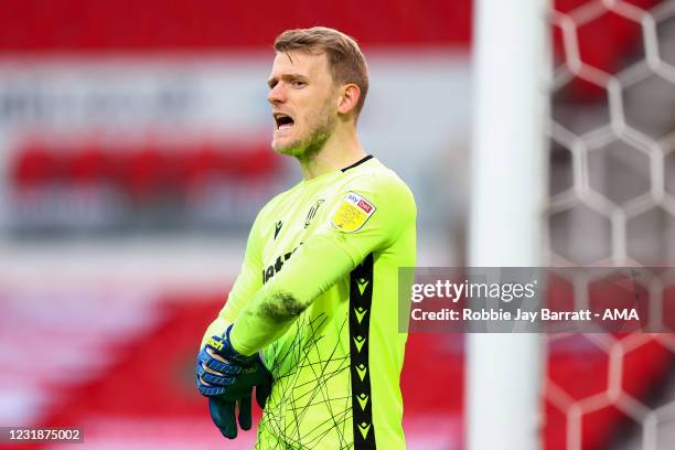 Adam Davies of Stoke City during the Sky Bet Championship match between Stoke City and Derby County at Bet365 Stadium on March 20, 2021 in Stoke on...