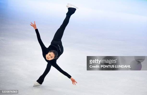 Japan's Satoko Miyahara practices during a training session prior to the 2021 ISU World Figure Skating Championships at the Stockholm Globe Arena in...