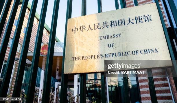 This picture taken on March 22, 2021 shows the entrance of the China embassy in the Netherlands in The Hague as the Dutch government summoned the...