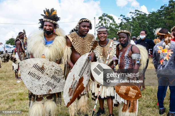 Zulu warriors at the funeral service of King Goodwill Zwelithini KaBhekuzulu on March 18, 2021 in Nongoma, South Africa. It is reported that the late...