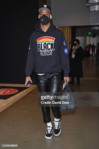 Cassius Stanley of the Indiana Pacers arrives to the arena before the 70th NBA All Star Game as part of 2021 NBA All Star Weekend on March 7, 2021 at...