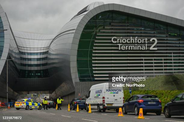 Garda check-point outside Terminal 2 at Dublin Airport during Level 5 Covid-19 lockdown. On Monday, March 22 in Dublin, Ireland.