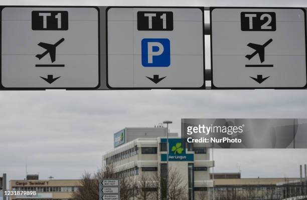 Direction signs at the entrance to Dublin Airport seen during Level 5 Covid-19 lockdown. On Monday, March 22 in Dublin, Ireland.