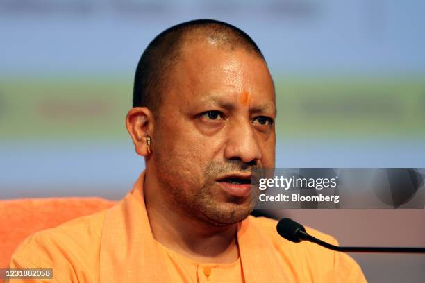 Yogi Adityanath, chief minister of Uttar Pradesh, speaks during a news conference in Lucknow, India, on Friday, March 19, 2021. The ruling Bharatiya...