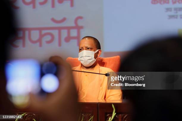 Yogi Adityanath, chief minister of Uttar Pradesh, attends a news conference in Lucknow, India, on Friday, March 19, 2021. The ruling Bharatiya Janata...