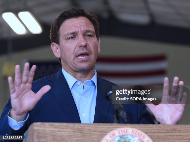 Florida Governor, Ron DeSantis speaks at a press conference at the Eau Gallie High School aviation hangar. DeSantis announced he is asking the...