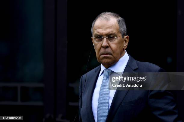 Russian Foreign Minister Sergey Lavrov and Chinese Foreign Minister Wang Yi hold a joint press conference in Beijing, China on March 23, 2021.