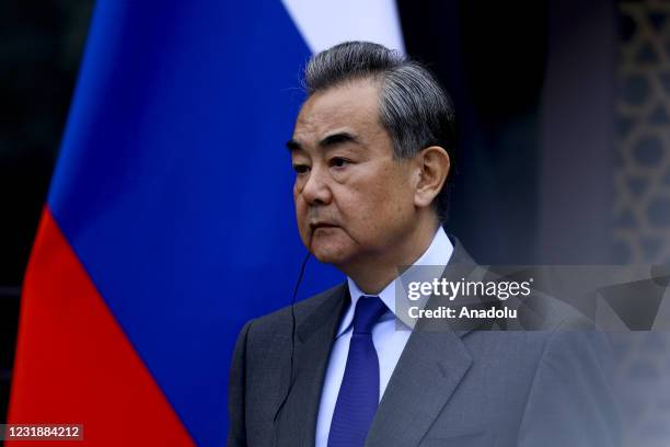 Russian Foreign Minister Sergey Lavrov and Chinese Foreign Minister Wang Yi hold a joint press conference in Beijing, China on March 23, 2021.