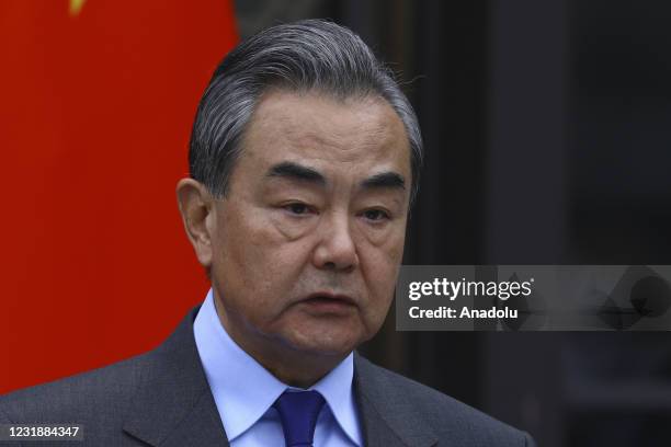 Russian Foreign Minister Sergey Lavrov and Chinese Foreign Minister Wang Yi hold a joint press conference in Beijing, China on March 23, 2021.