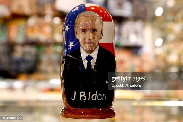 Matryoshka doll of the U.S. President Joe Biden is seen in Moscow, Russia on March 23, 2021. The matryoshka dolls are the symbol of Russia in...