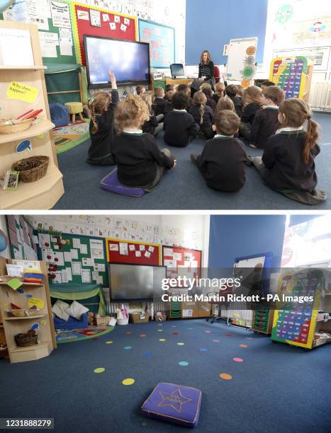 Composite of photos of the Reception classroom at Manor Park School and Nursery in Knutsford, Cheshire, on 22/03/21 and the same view on 24/03/20 ,...