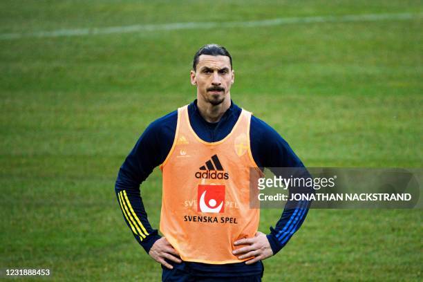 Sweden's forward Zlatan Ibrahimovic attends a training session of Sweden's national football team in Stockholm on March 23 prior to the World Cup...