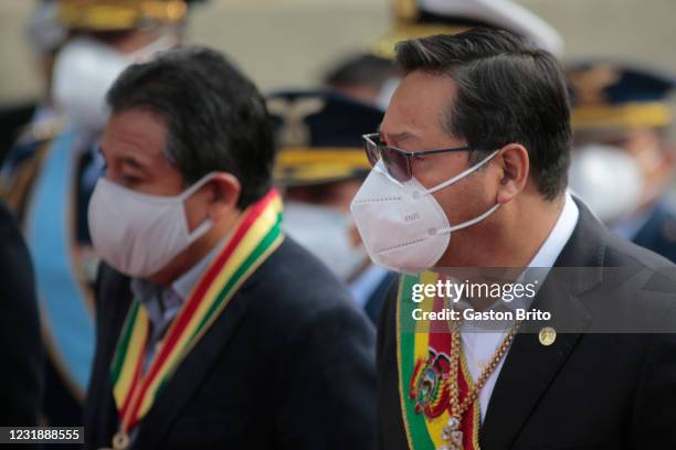 President of Bolivia Luis Arce attends along with Vice-president David Choquehuanca the commemoration of the Day of the Sea on March 23, 2021 in La...