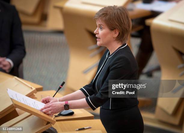 First Minister of Scotland Nicola Sturgeon in the main chamber during the debate on the motion of no confidence against First Minister Nicola...