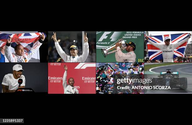 This combination of pictures created on March 23, 2021 shows British Formula One driver Lewis Hamilton celebrating his seven World Championship...