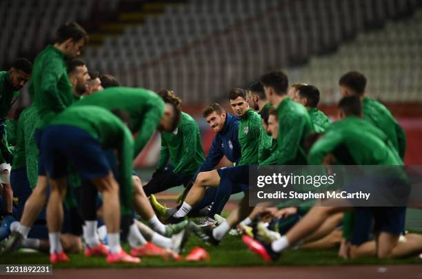 Belgrade , Serbia - 23 March 2021; Jayson Molumby with Mark Travers, left, during a Republic of Ireland training session at Stadion Rajko Miti in...