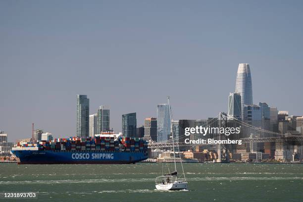 China Ocean Shipping Group Co. Ship in the San Francisco Bay waits to enter the Port of Oakland in Oakland, California, U.S., on Tuesday, March 23,...