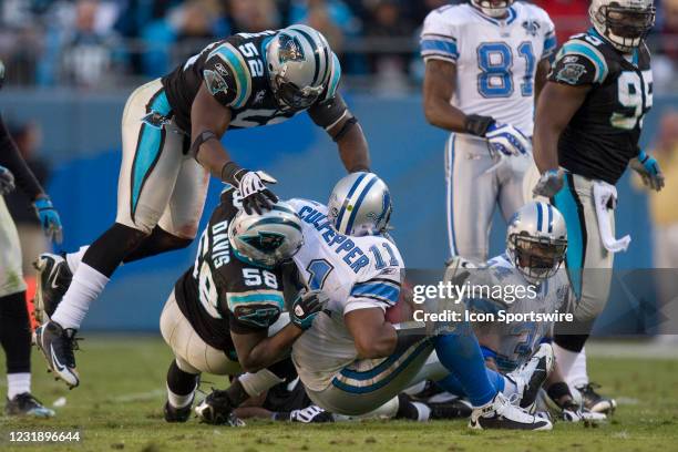 Carolina Panthers linebacker Thomas Davis linebacker Jon Beason and cornerback Richard Marshall tackle Detroit Lions quarterback Daunte Culpepper...