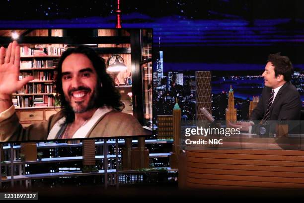 Episode 1430 -- Pictured: Comedian Russel Brand during an interview with host Jimmy Fallon on Tuesday, March 23, 2021 --