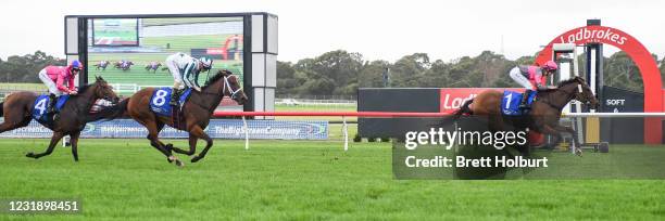 Sirileo Miss ridden by Melissa Julius wins the The Big Screen Company Handicap at Ladbrokes Park Lakeside Racecourse on March 24, 2021 in Springvale,...