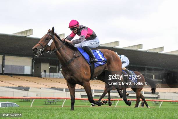 Sirileo Miss ridden by Melissa Julius wins the The Big Screen Company Handicap at Ladbrokes Park Lakeside Racecourse on March 24, 2021 in Springvale,...