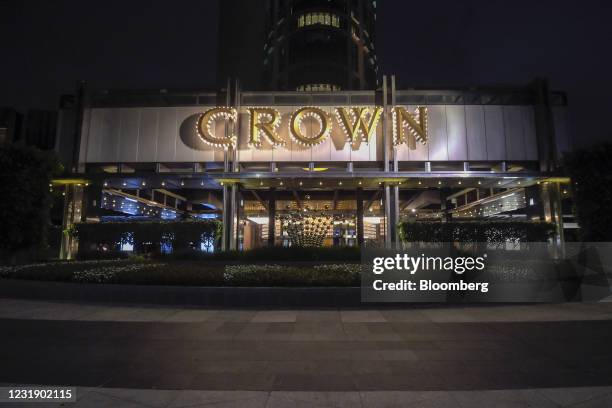 The Crown Melbourne casino and entertainment complex at night in Melbourne, Australia, on Wednesday, March 24, 2021. A Royal Commission, an...