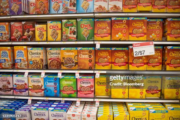 Boxes of General Mills Inc. Brand Cheerios and Chex cereal for sale at a store in White Plains, New York, U.S., on Friday, March 19, 2021. General...