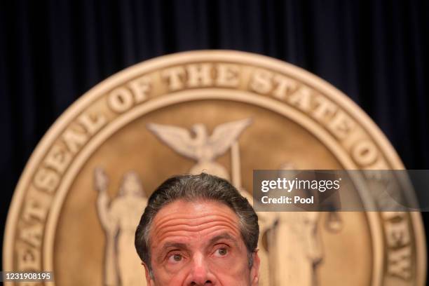New York Governor Andrew Cuomo speaks during a news conference at his office on March 24, 2021 in New York City. Cuomo gave an update on the state's...