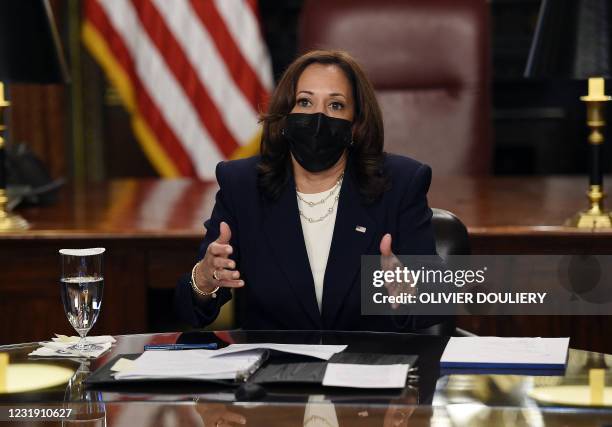 Vice President Kamala Harris participates in a roundtable discussion on Equal Pay Day with women leaders of advocacy organizations on March 24 at the...