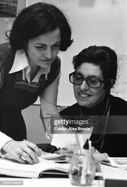 Mairead Corrigan and Betty Williams , co-founders of the Community of Peace People and joint winners of the 1976 Nobel Peace Prize, seen working...