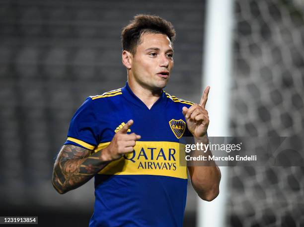 Mauro Zarate of Boca Juniors celebrates after scoring the first goal of his team during a match between Boca Juniors and Defensores de Belgrano as...