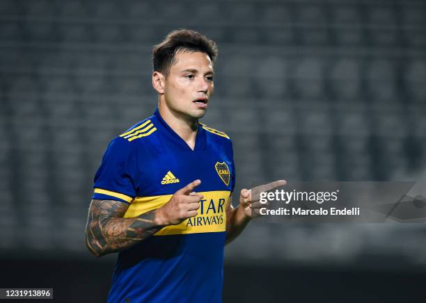 Mauro Zarate of Boca Juniors celebrates after scoring the first goal of his team during a match between Boca Juniors and Defensores de Belgrano as...
