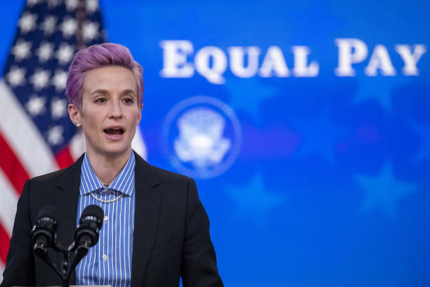 Megan Rapinoe, player with the U.S. Women's National Soccer Team, speaks during an event marking Equal Pay Day in the Eisenhower Executive Office...