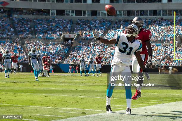 Carolina Panthers cornerback Richard Marshall fights for a pass against Tampa Bay Buccaneers wide receiver Mike Williams during an NFL football game...