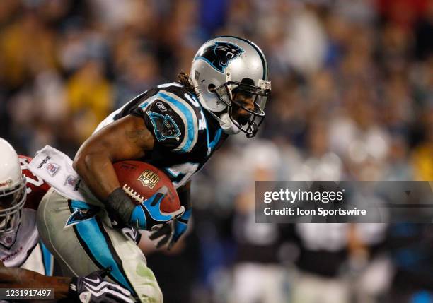 Carolina Panthers running back DeAngelo Williams runs with the ball against Arizona Cardinals safety Adrian Wilson in their NFC Divisional Round NFL...