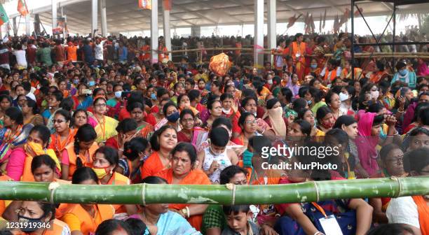 Women attend the Prime Minister Narendra Modi Election Camping Rally ahead West Bengal Assembly Election at Contai,East Medinipur district, West...