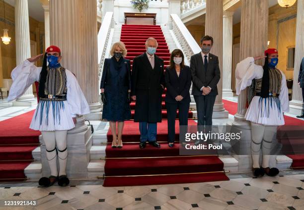 Prince Charles, Prince of Wales and Camilla, Duchess of Cornwall arrive to join the President of the Hellenic Republic, Katerina Sakellaropoulou, and...