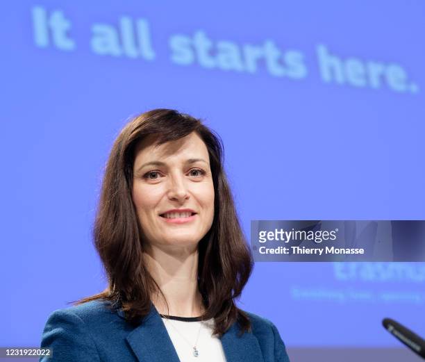 European Commissioner for Innovation, Research, Culture, Education and Youth Mariya Ivanova Gabriel talks to the media on Erasmus+ in 2021-2027, in...