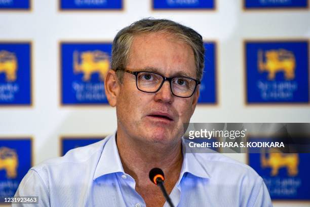 Sri Lanka cricket director Tom Moody speaks during a press conference in Colombo on March 25, 2021.