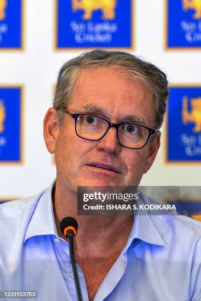 Sri Lanka cricket director Tom Moody speaks during a press conference in Colombo on March 25, 2021.